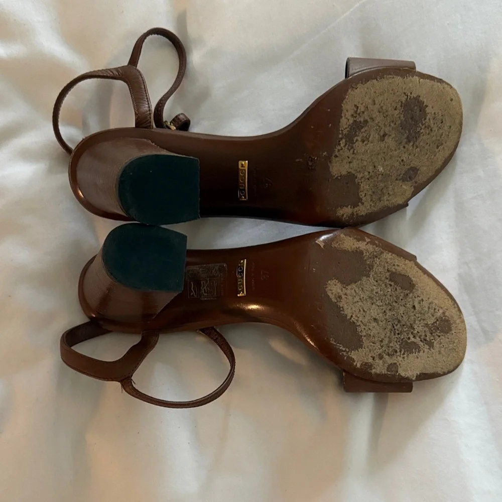 Gucci Brown Leather Horsebit Heeled Sandals - Picture 2 of 6